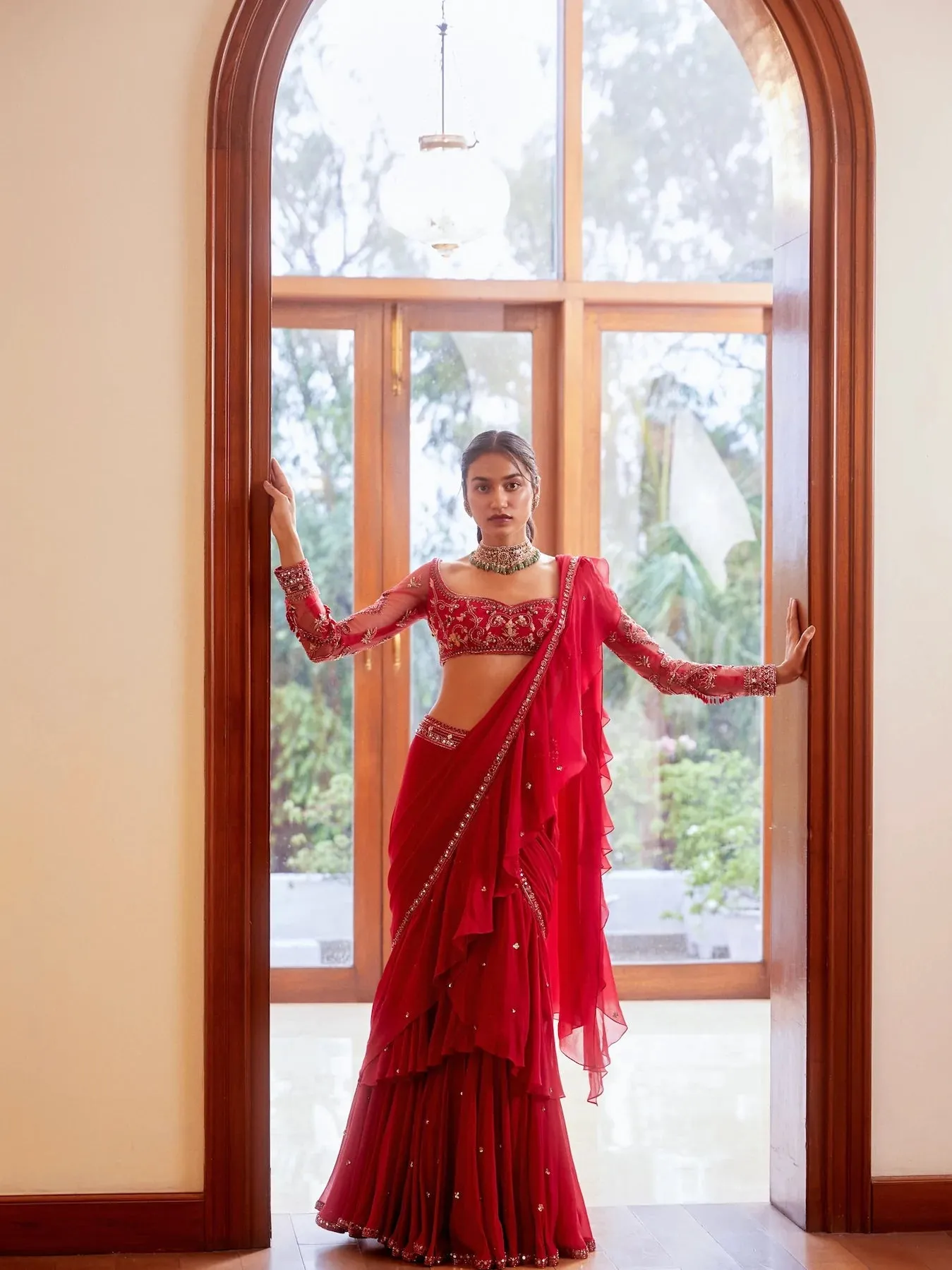 Fuchsia Pre-Stitched Ruffle Saree with Blouse sold by Market