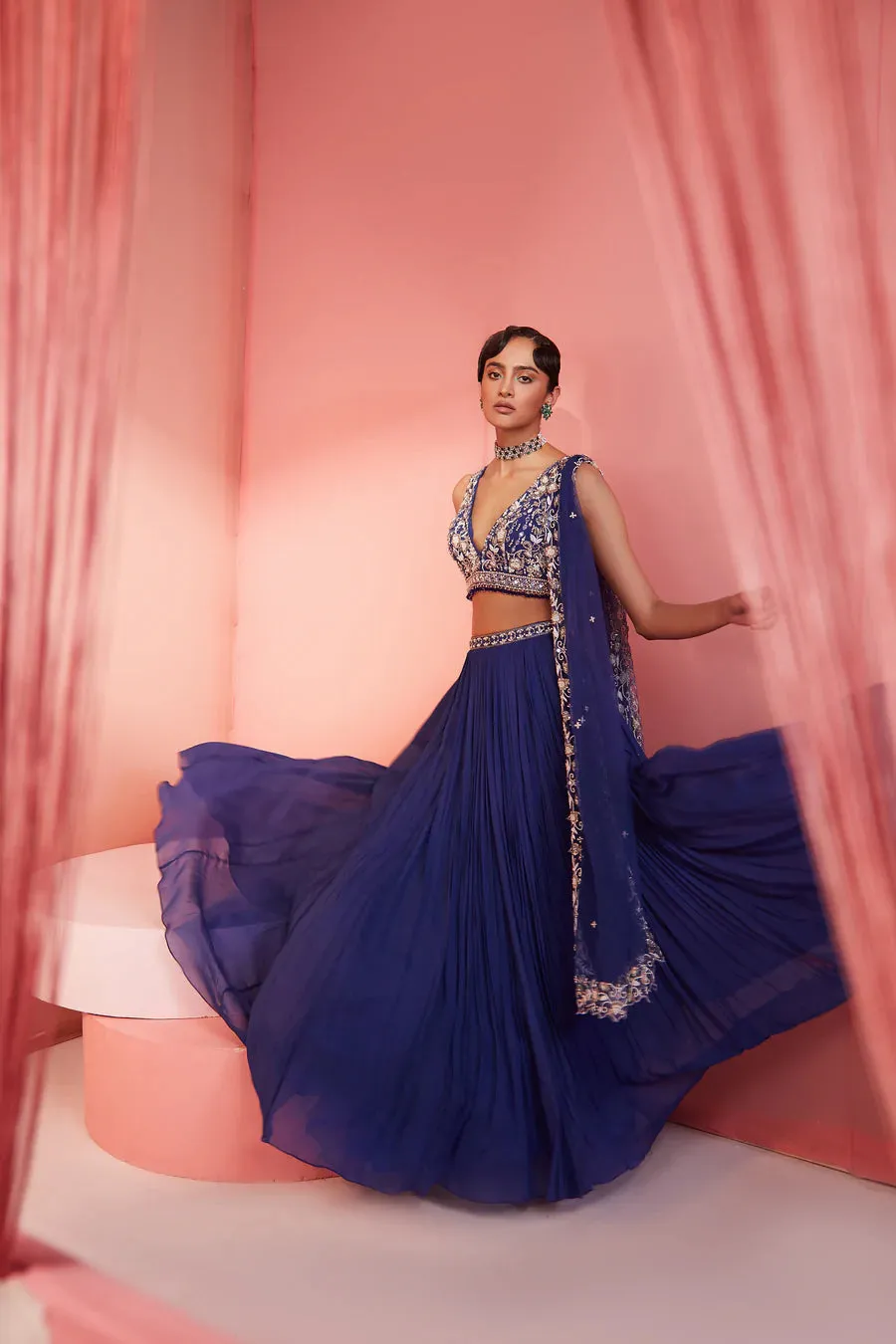 Ink Blue Blouse Skirt and Dupatta sold by Market