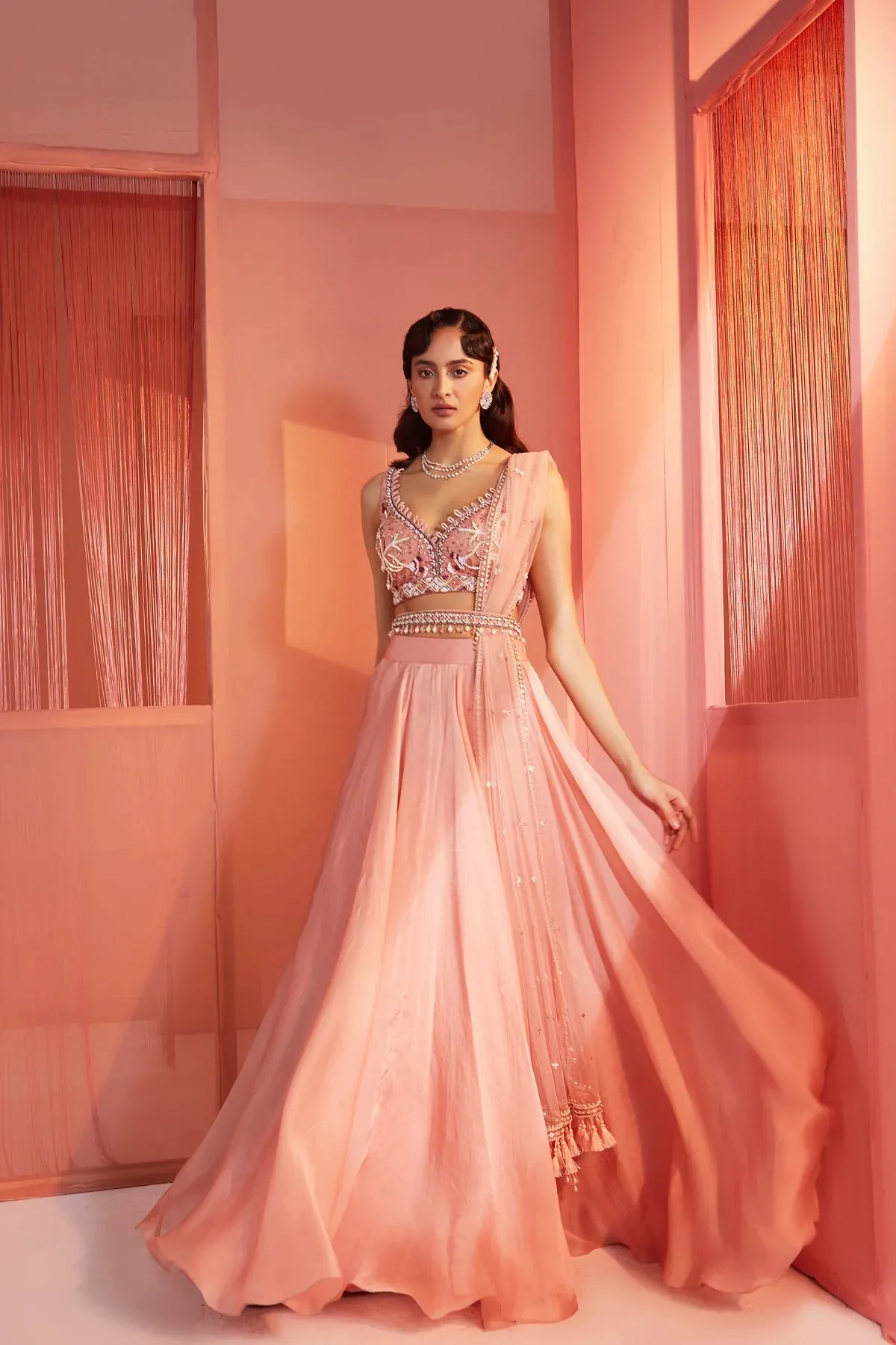 Dusty Pink Blouse and Organza Lehenga Set sold by Market