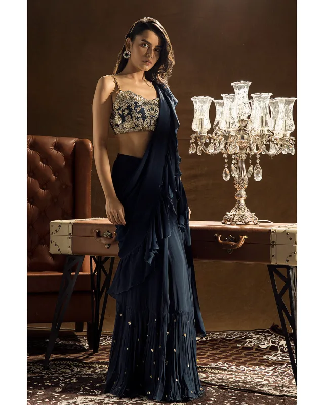 Midnight Blue Embroidered Ruffled Saree Set sold by Market