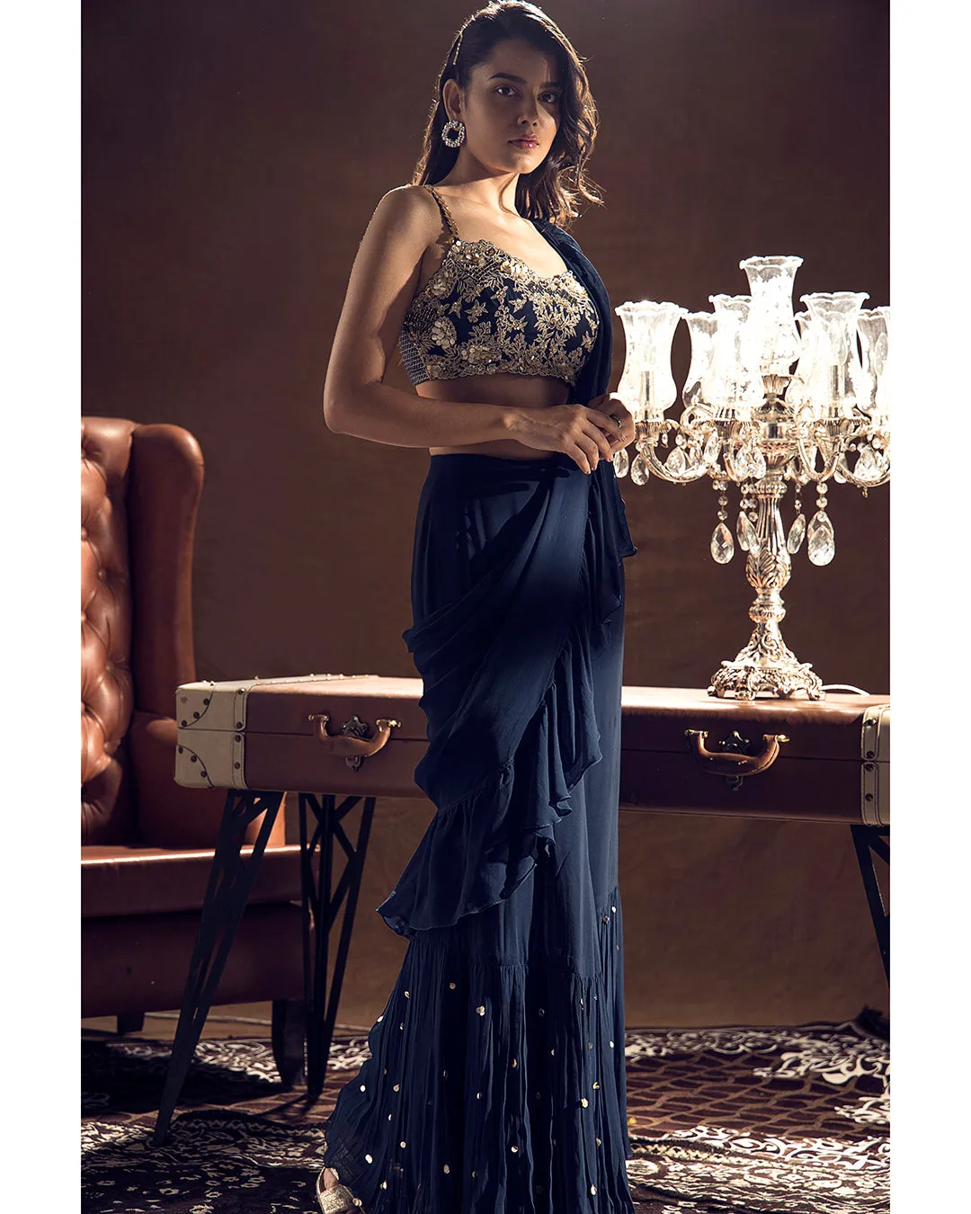 Midnight Blue Embroidered Ruffled Saree Set sold by Market product image thumbnail 3