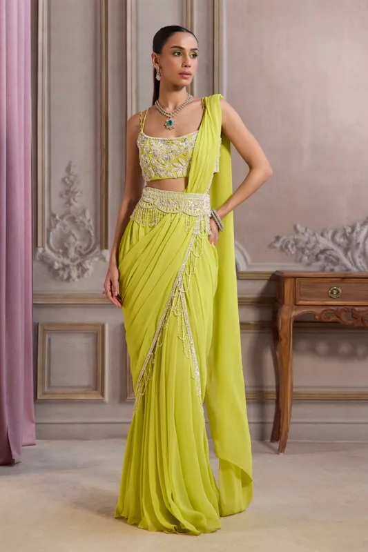 Neon Green Pre-Draped Saree With Bustier and Embroidered Belt made by Market