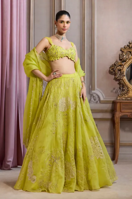 Neon Green Organza Lehenga made by Market