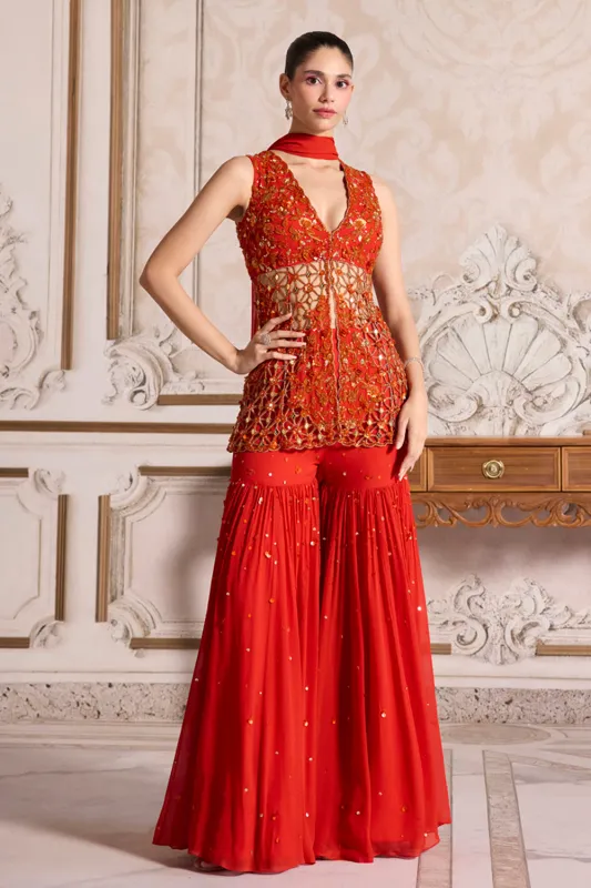 Rust Cutwork Peplum and Sharara Set made by Market