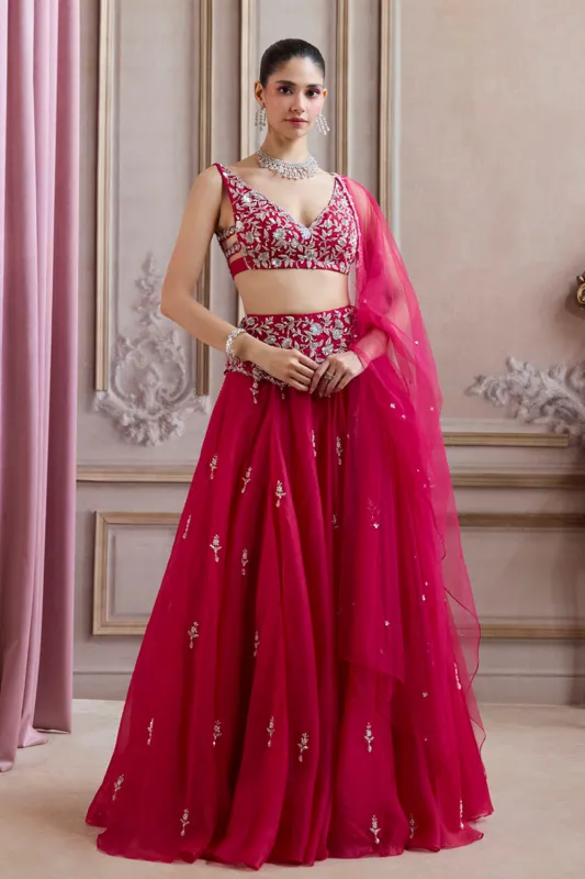 Magenta Organza Lehenga With Embroidered Belt made by Market