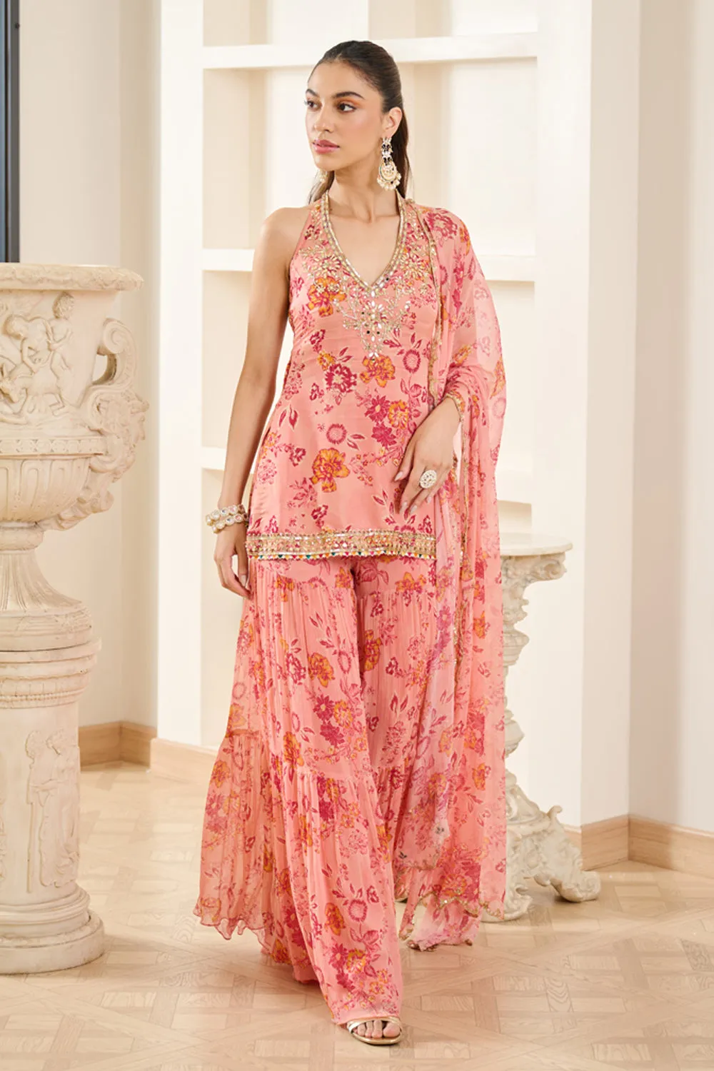 Pink Floral Print Halter Neck Kurta Sharara Set sold by Market product image thumbnail 3