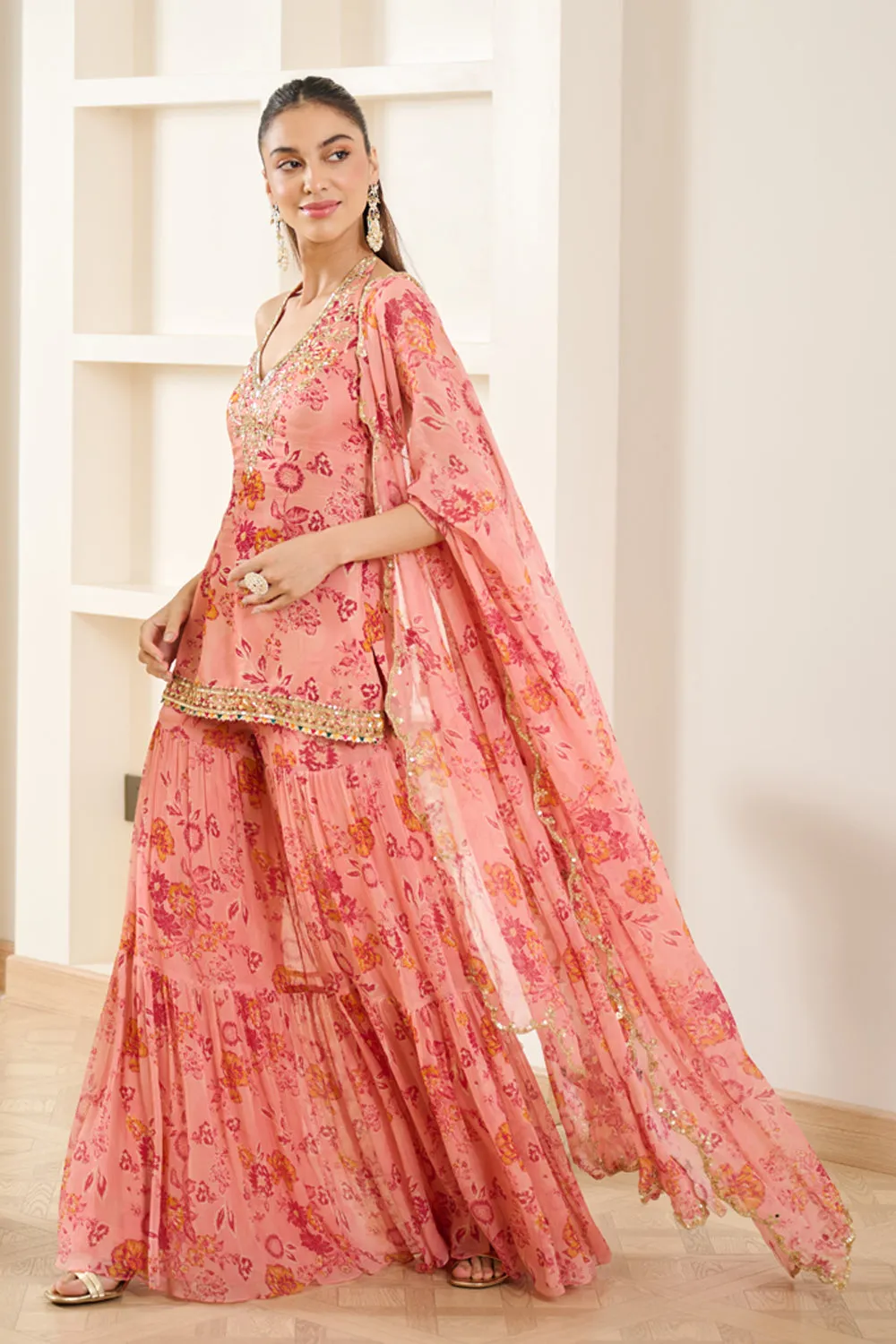 Pink Floral Print Halter Neck Kurta Sharara Set sold by Market product image thumbnail 4