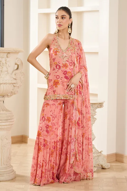 Pink Floral Print Halter Neck Kurta Sharara Set made by Market