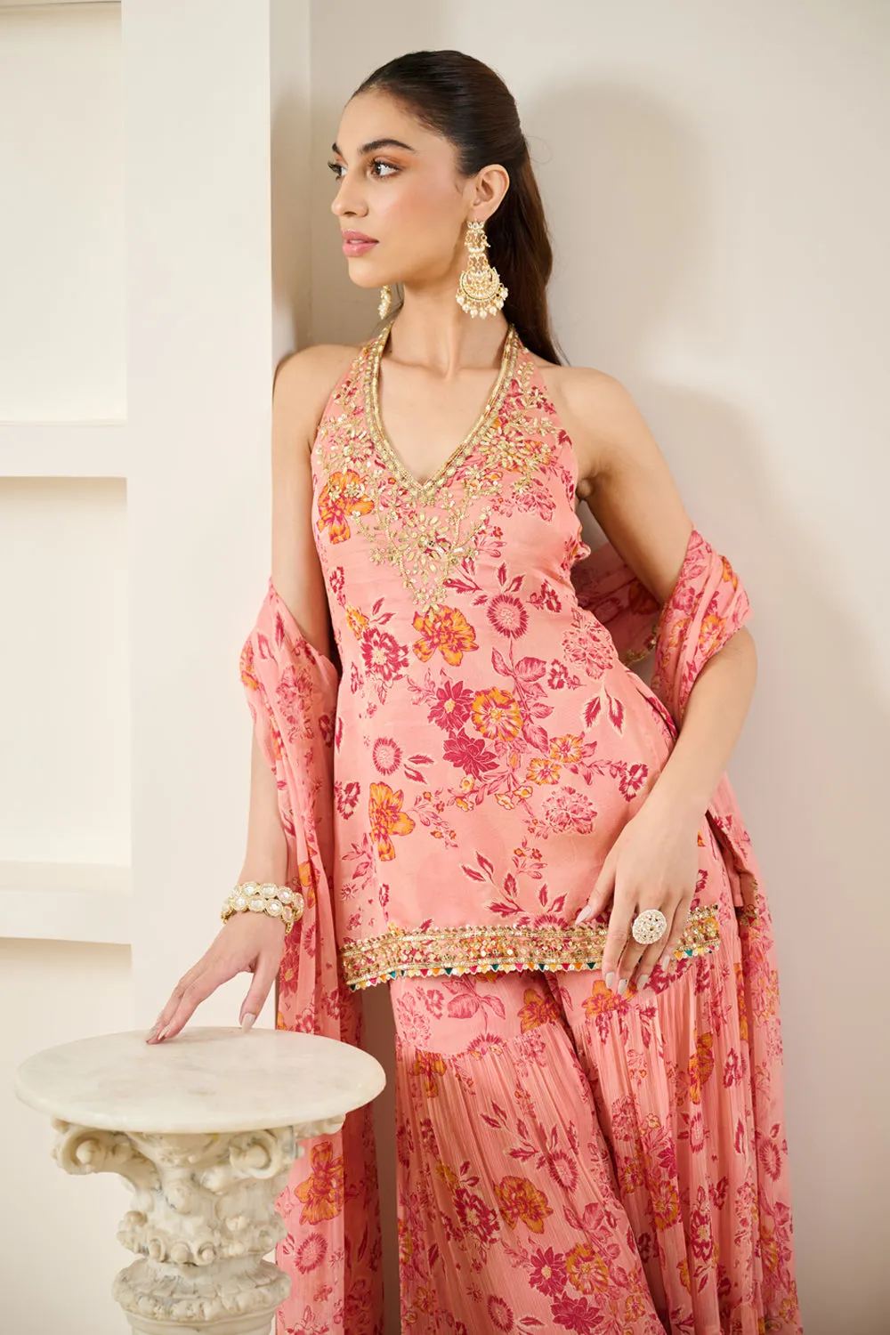 Pink Floral Print Halter Neck Kurta Sharara Set sold by Market product image thumbnail 5