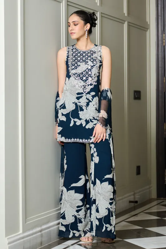 Blue Floral Print Straight Kurta and Pants Set made by Market