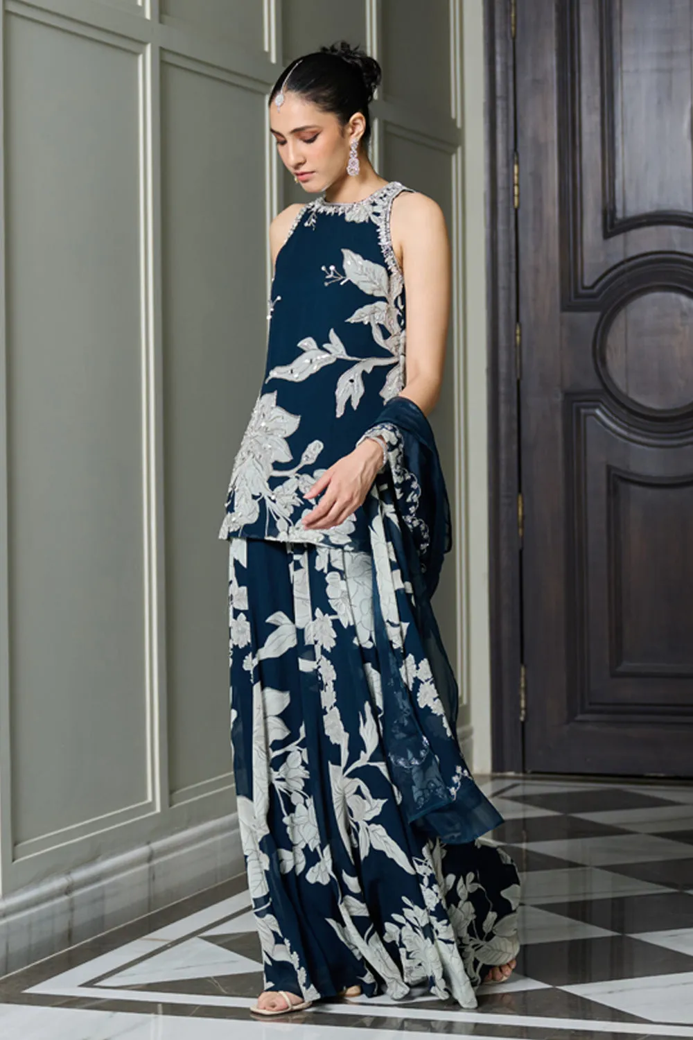 Blue Floral Print Halter Neck Kurta Sharara Set sold by Market product image thumbnail 3