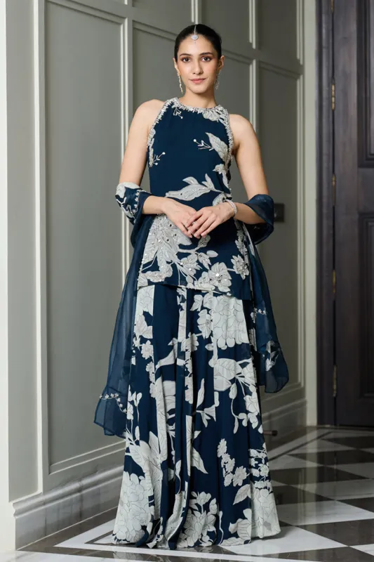 Blue Floral Print Halter Neck Kurta Sharara Set made by Market