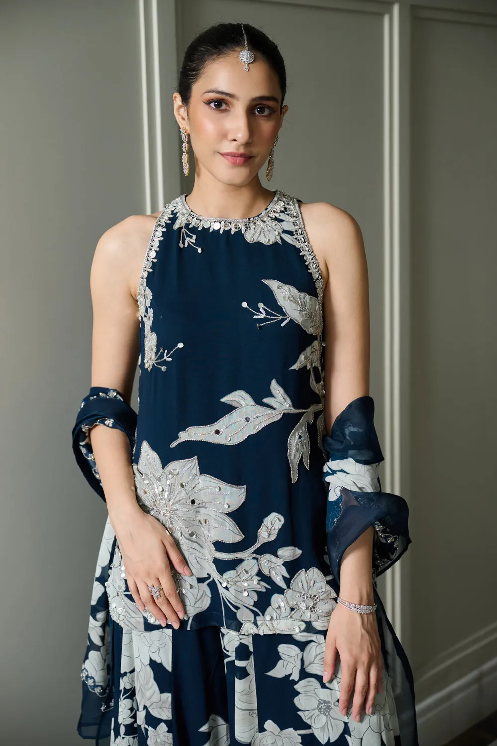 Blue Floral Print Halter Neck Kurta Sharara Set sold by Market product image thumbnail 2