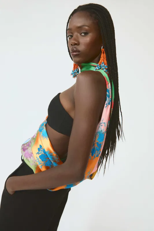 From the Front to Back Top in Hibiscus Jacquard Silk Stripe sold by Rosie Assoulin