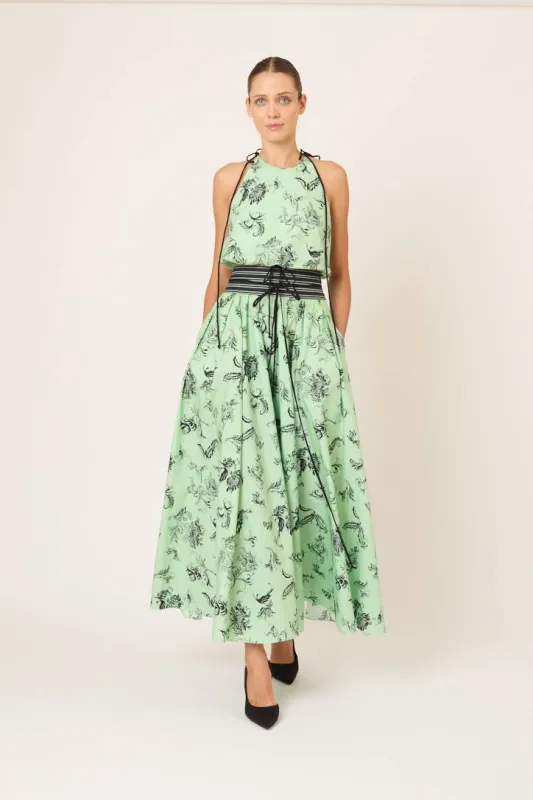 Tie Full Pleated Skirt in Tossed Floral Cotton Poplin made by Rosie Assoulin