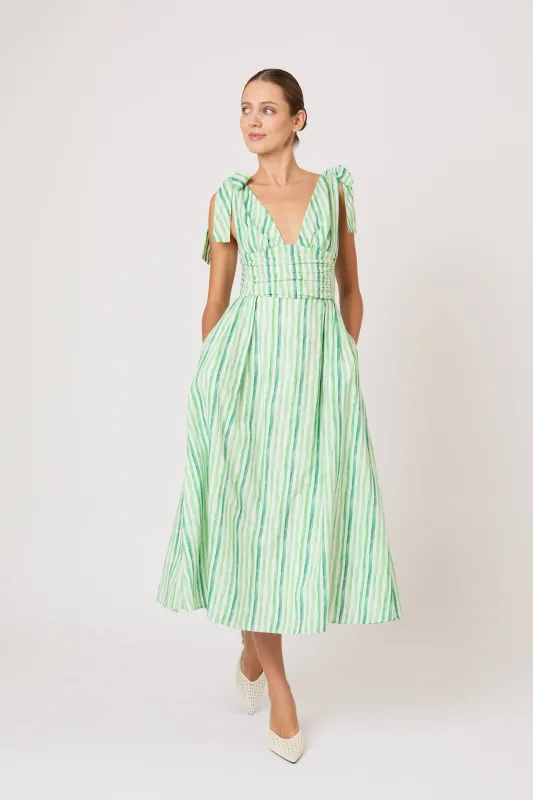 Bow Shoulder Dress in Watercolor Stripe Linen sold by Rosie Assoulin