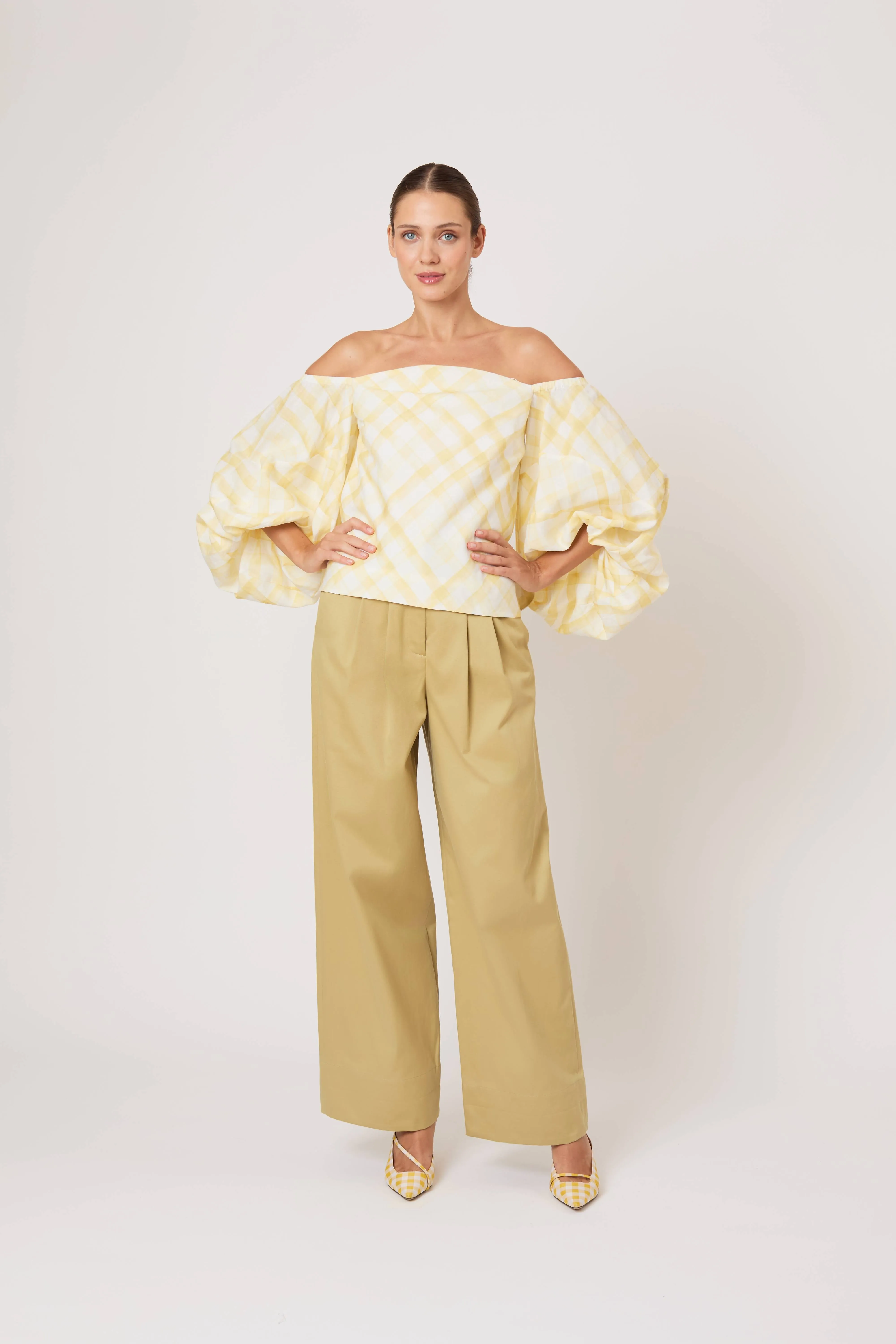 Balloon Sleeve Top in Watercolor Gingham on Lyocell Linen sold by Rosie Assoulin product image thumbnail 2