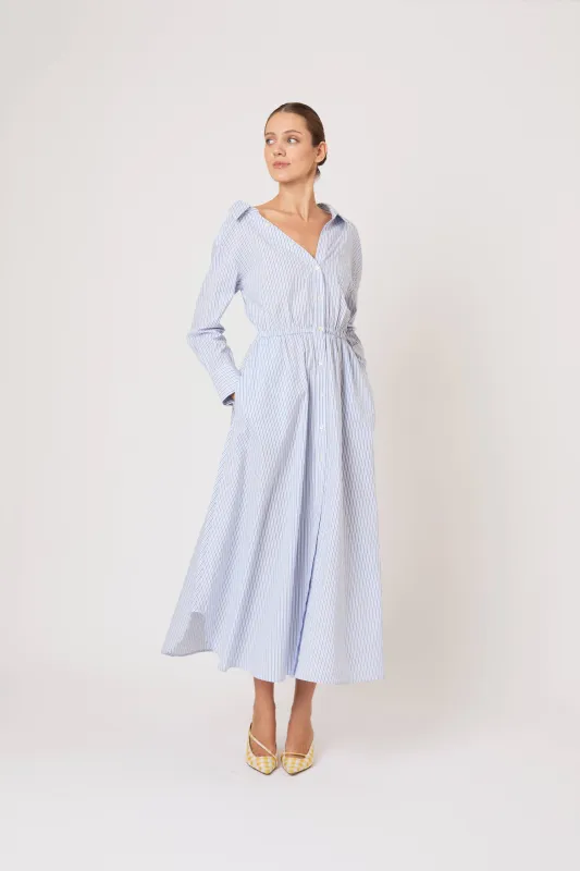 Falling Off the Shoulder Dress in Men's Shirting Blue Stripe made by Rosie Assoulin