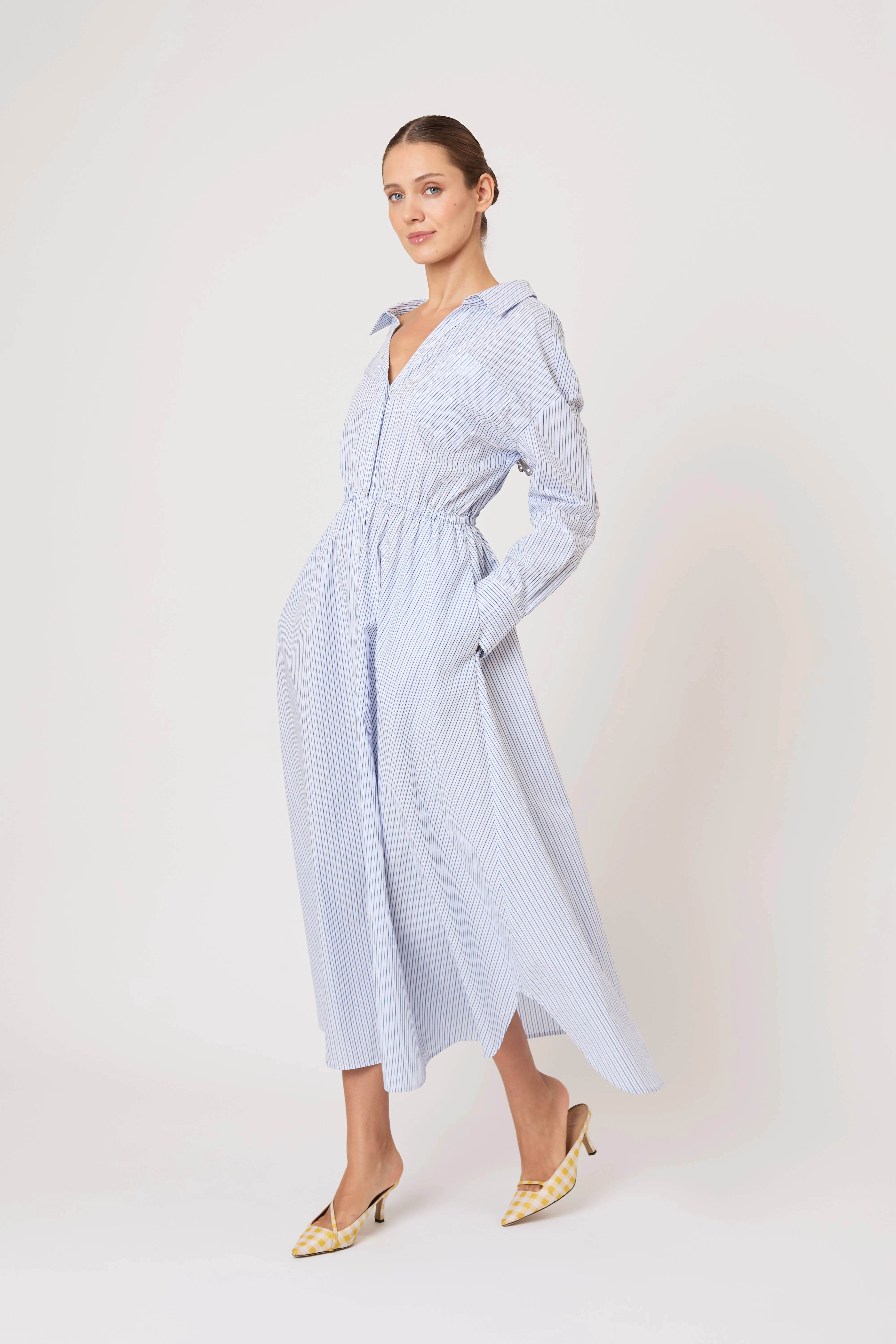 Falling Off the Shoulder Dress in Men's Shirting Blue Stripe sold by Rosie Assoulin product image thumbnail 5