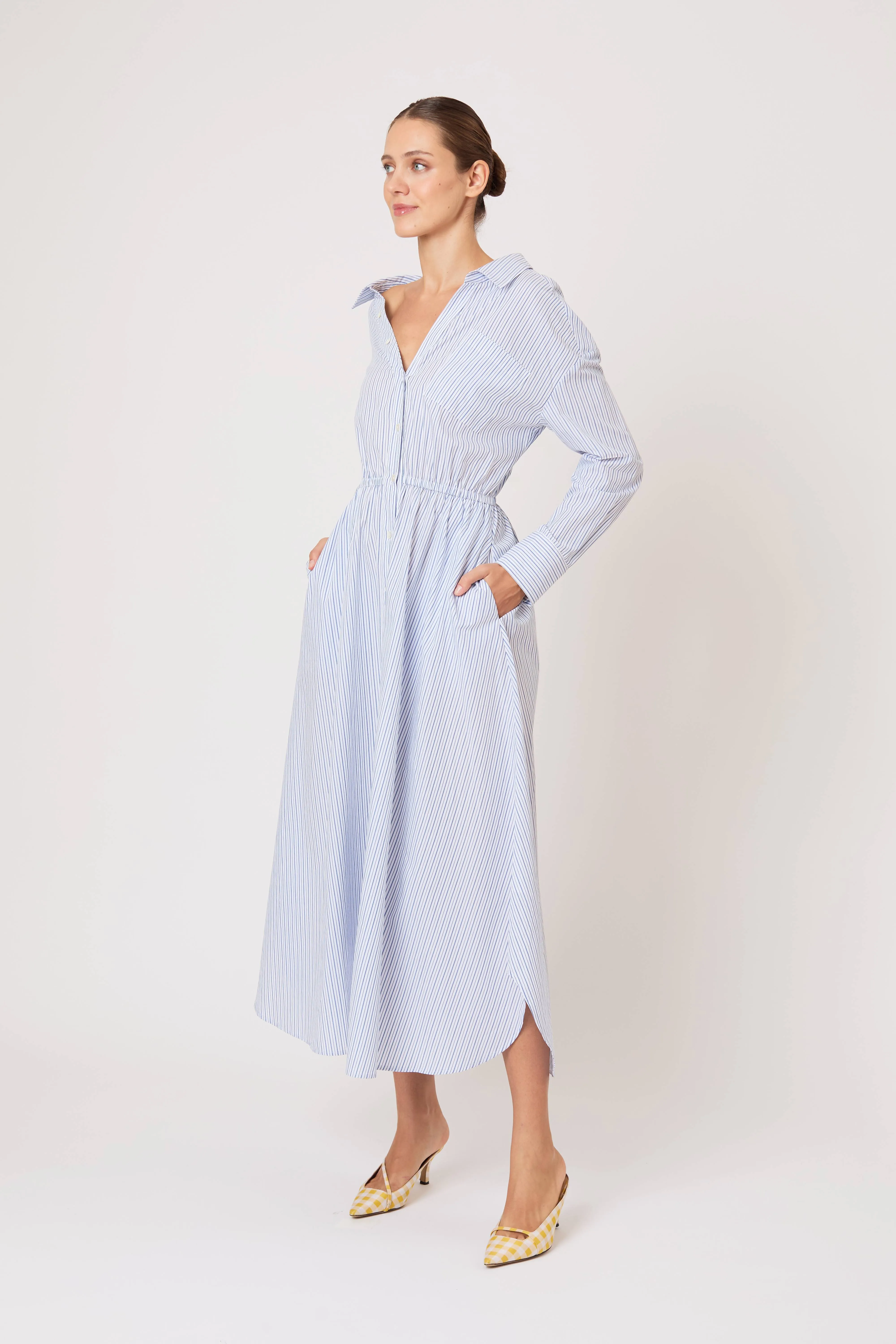 Falling Off the Shoulder Dress in Men's Shirting Blue Stripe sold by Rosie Assoulin product image thumbnail 4