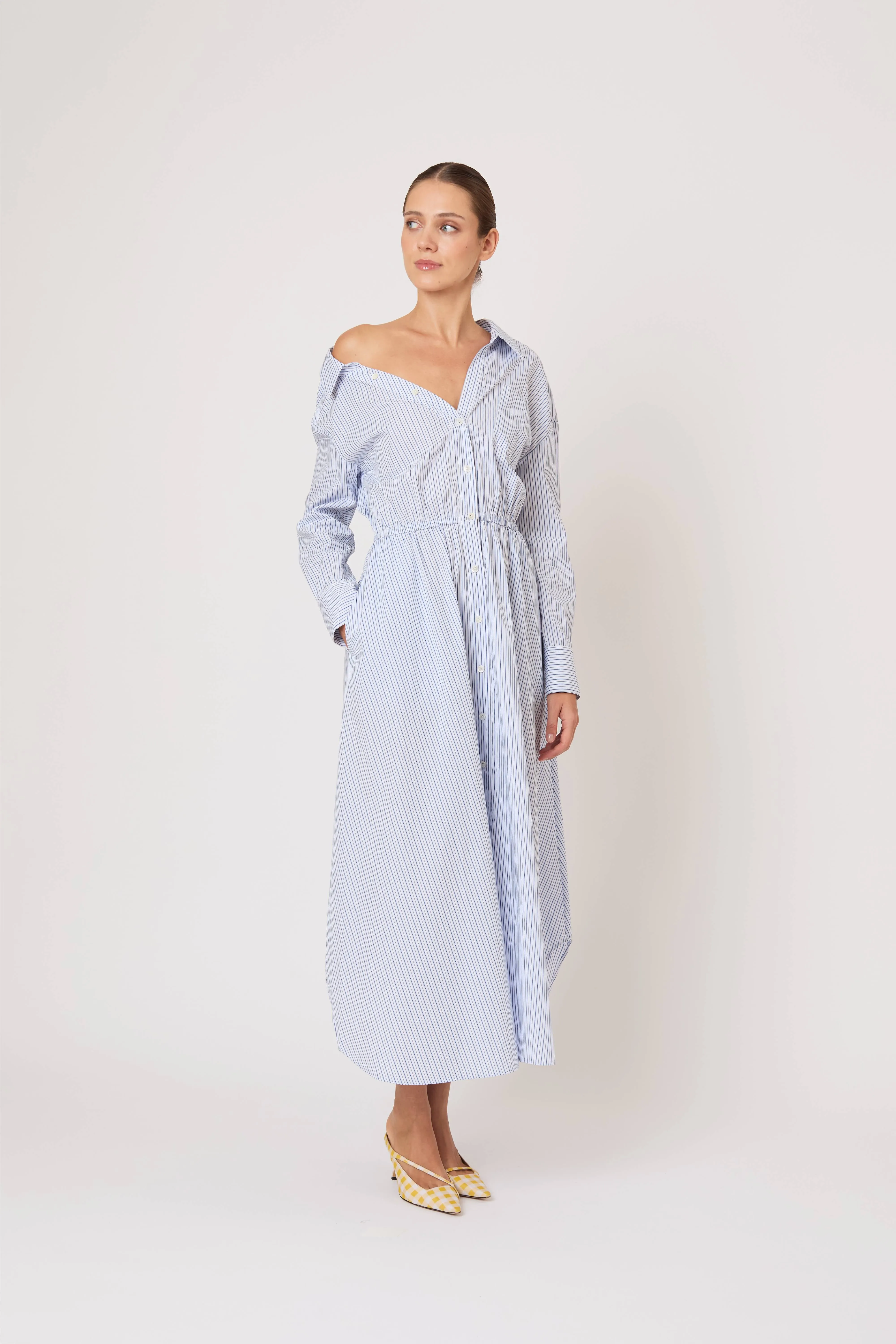 Falling Off the Shoulder Dress in Men's Shirting Blue Stripe sold by Rosie Assoulin product image thumbnail 2