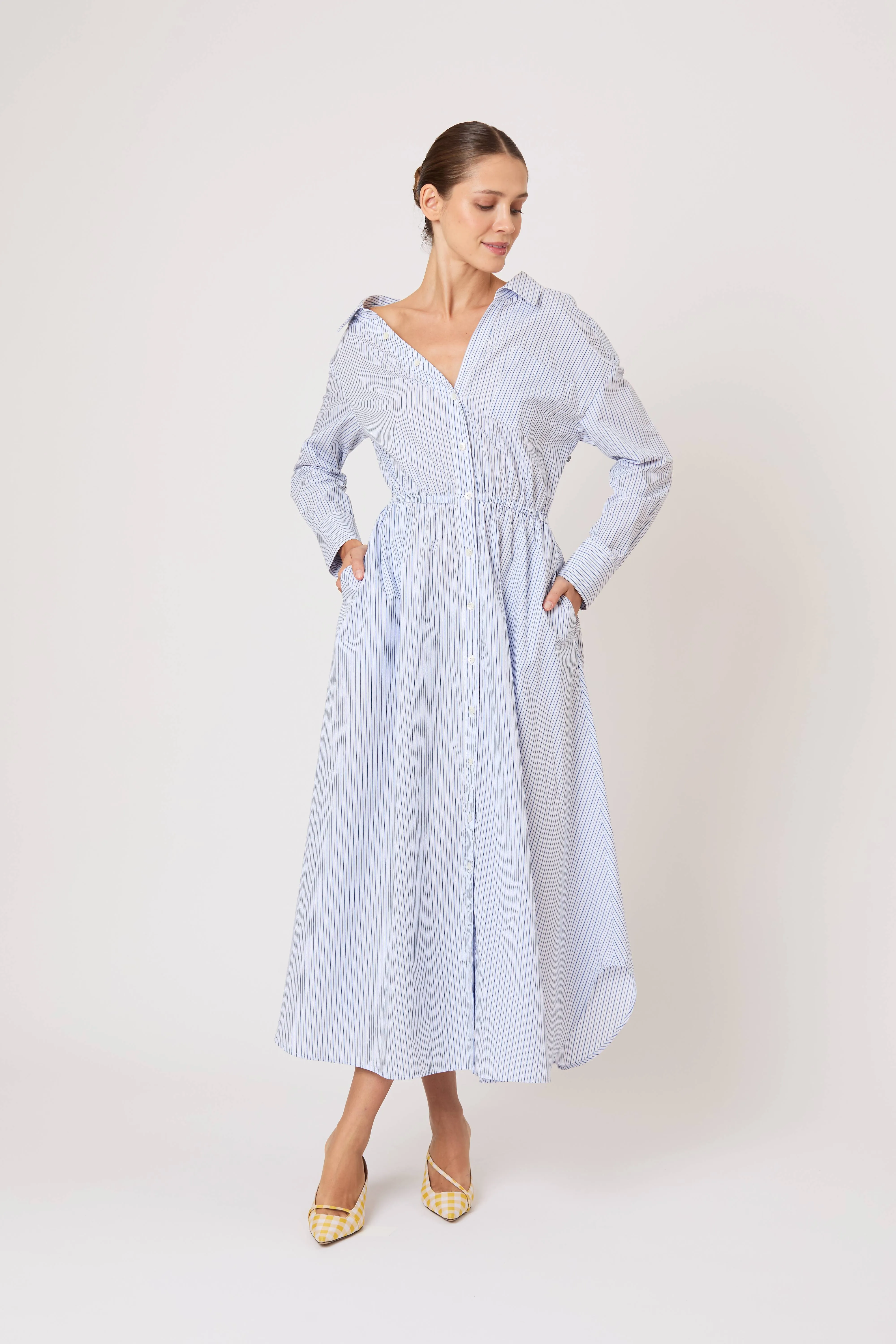 Falling Off the Shoulder Dress in Men's Shirting Blue Stripe sold by Rosie Assoulin product image thumbnail 3