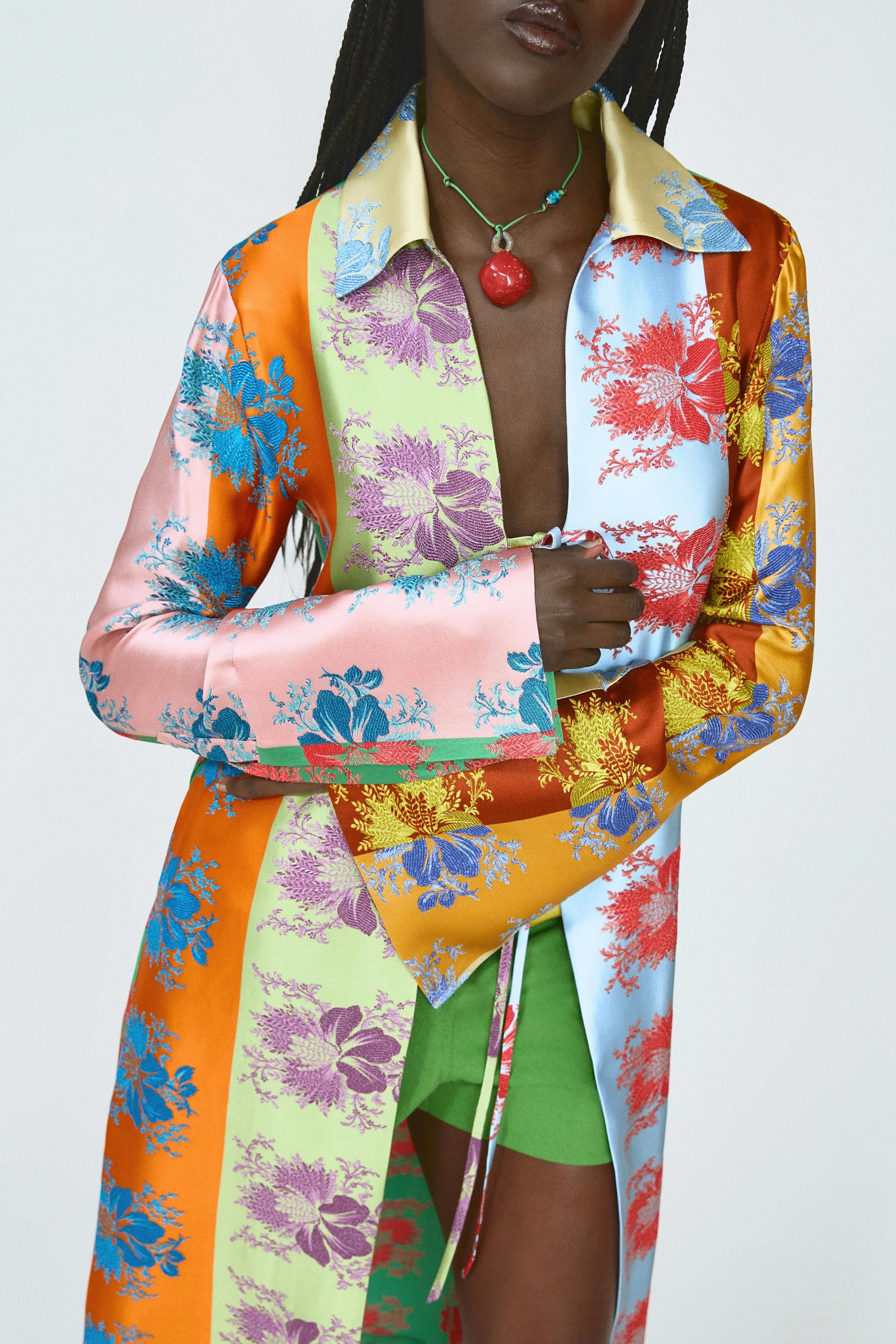 Long For You Duster Jacket in Hibiscus Jacquard Silk Stripe sold by Rosie Assoulin