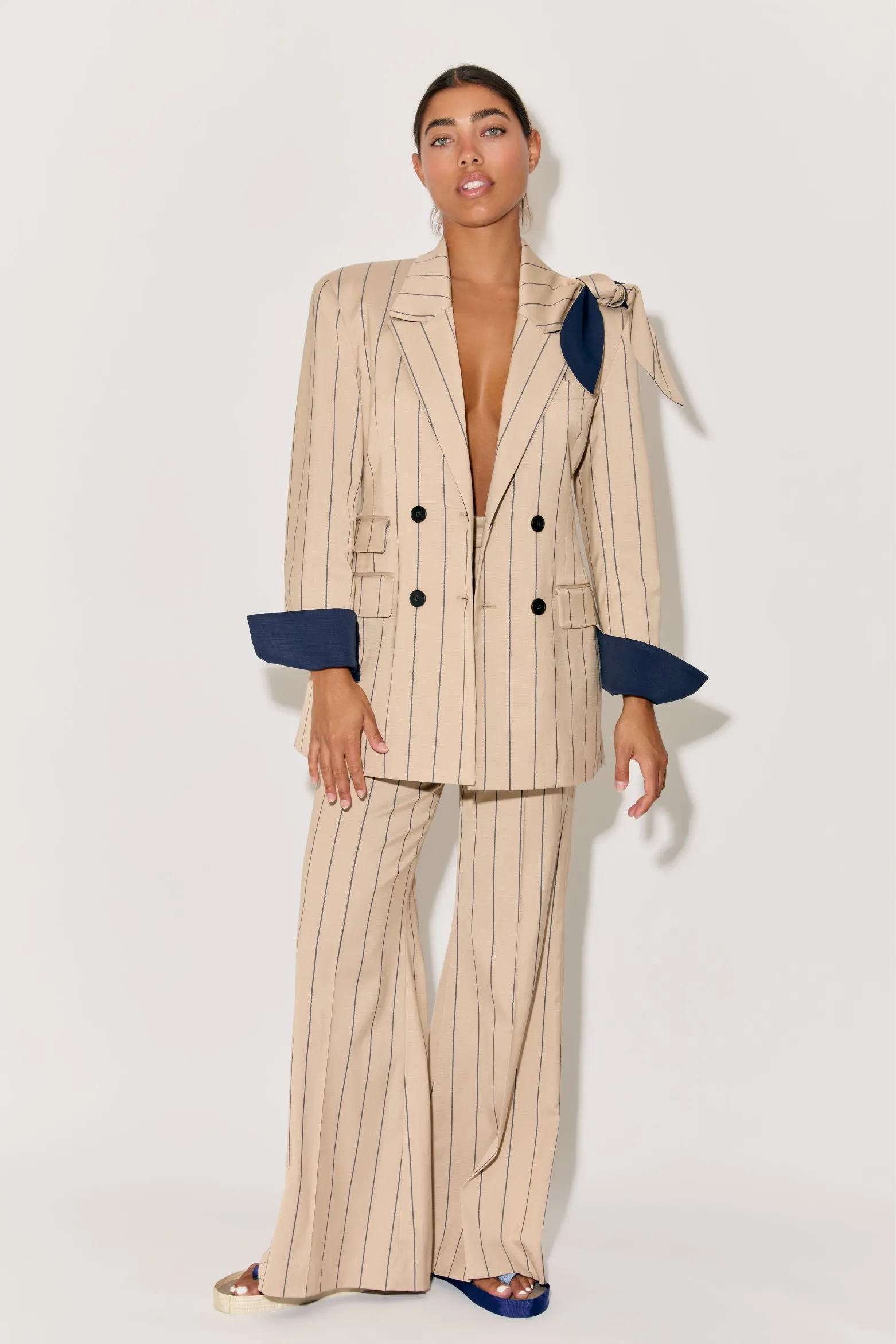 Paneled & Piped Flare Pant in Viscose Pinstripe sold by Rosie Assoulin product image thumbnail 4