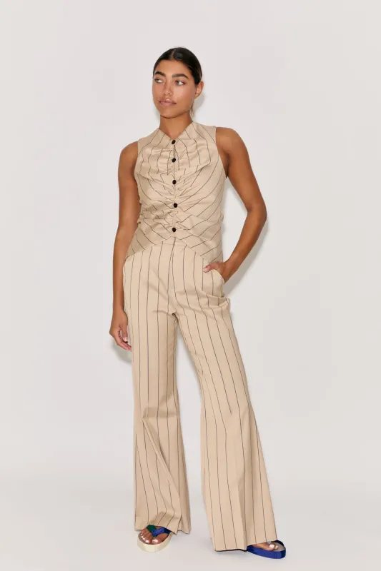 Paneled & Piped Flare Pant in Viscose Pinstripe made by Rosie Assoulin