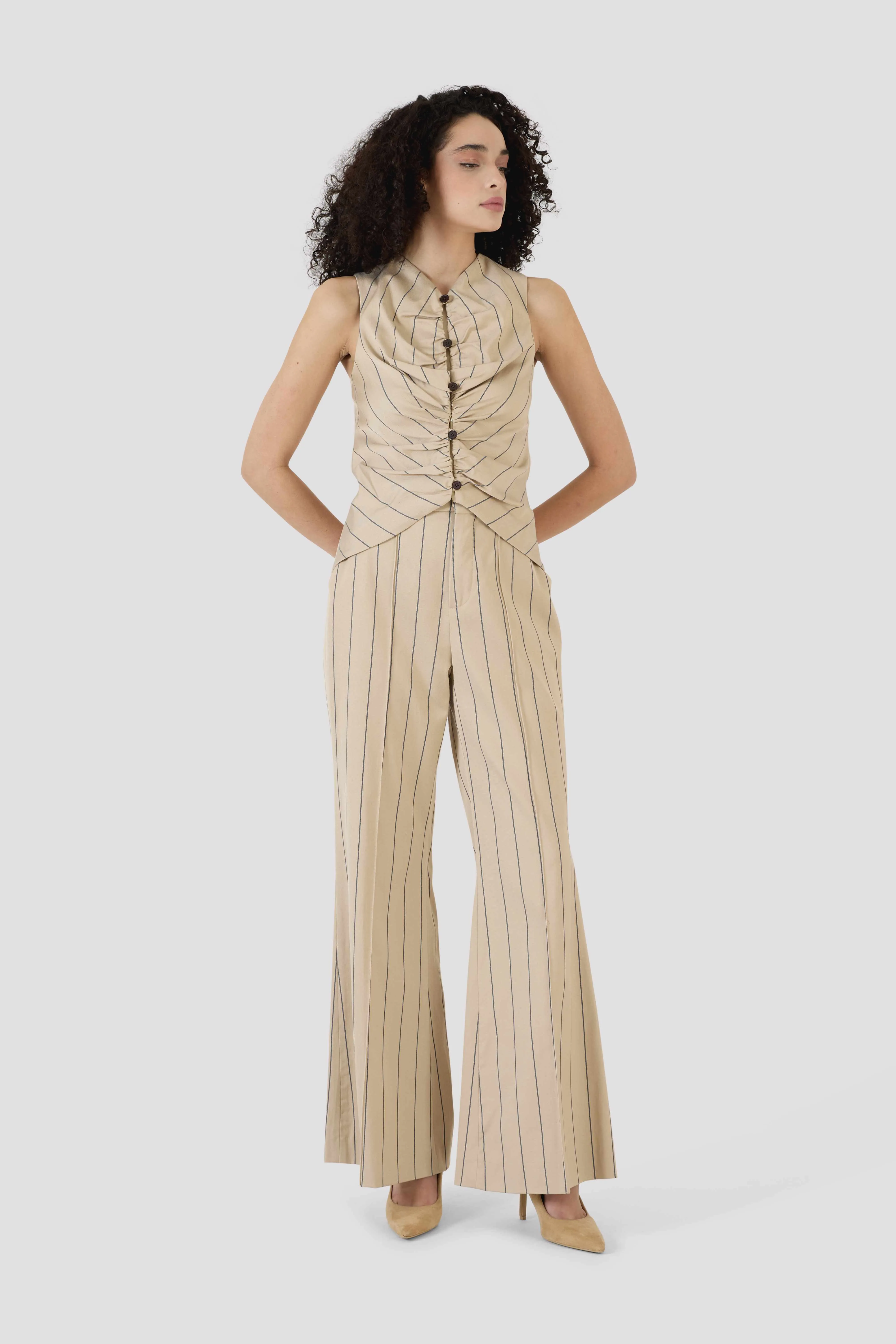 Paneled & Piped Flare Pant in Viscose Pinstripe sold by Rosie Assoulin product image thumbnail 3
