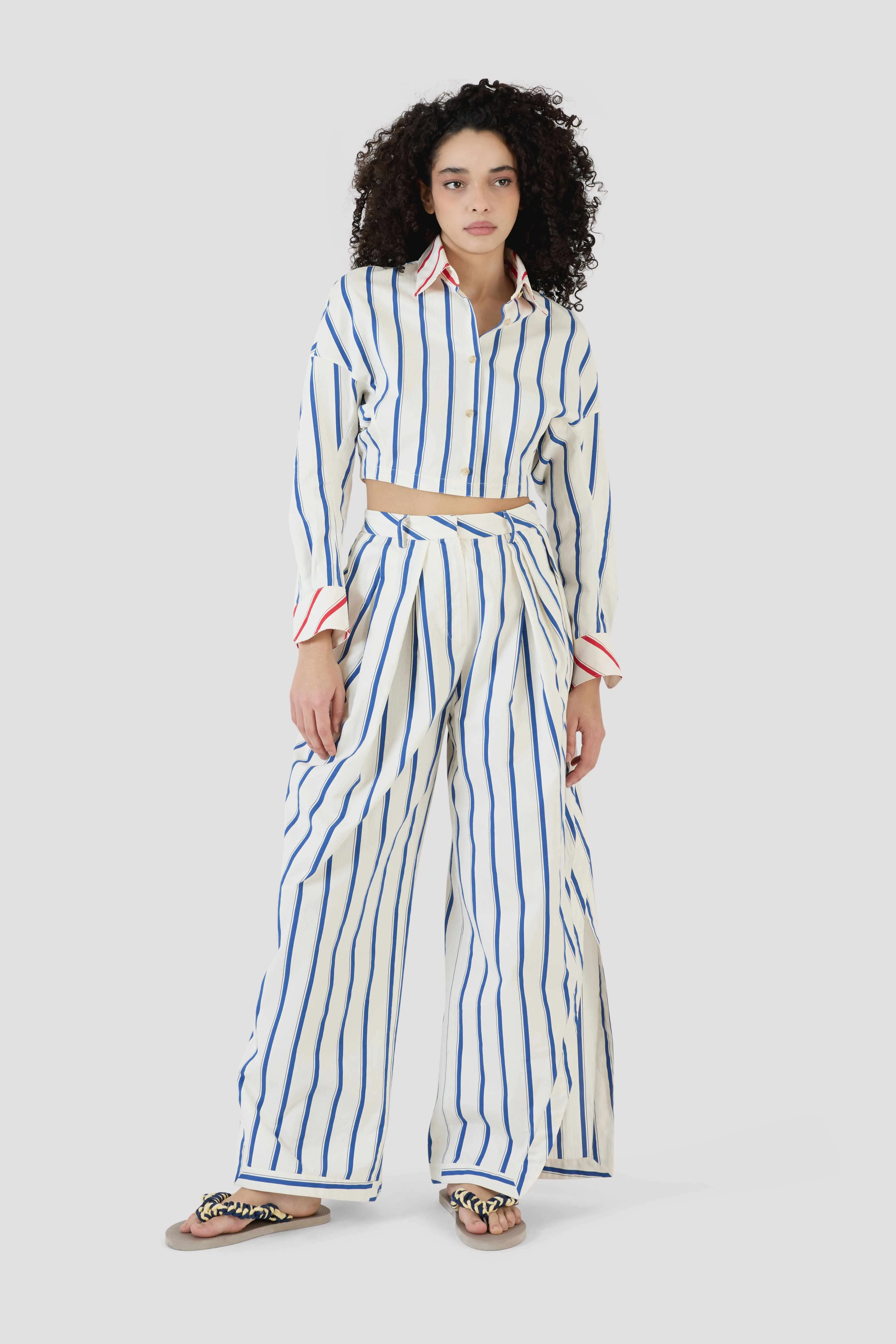 Pleated Asymmetrical Pant in Coastal Stripe Cotton sold by Rosie Assoulin product image thumbnail 3