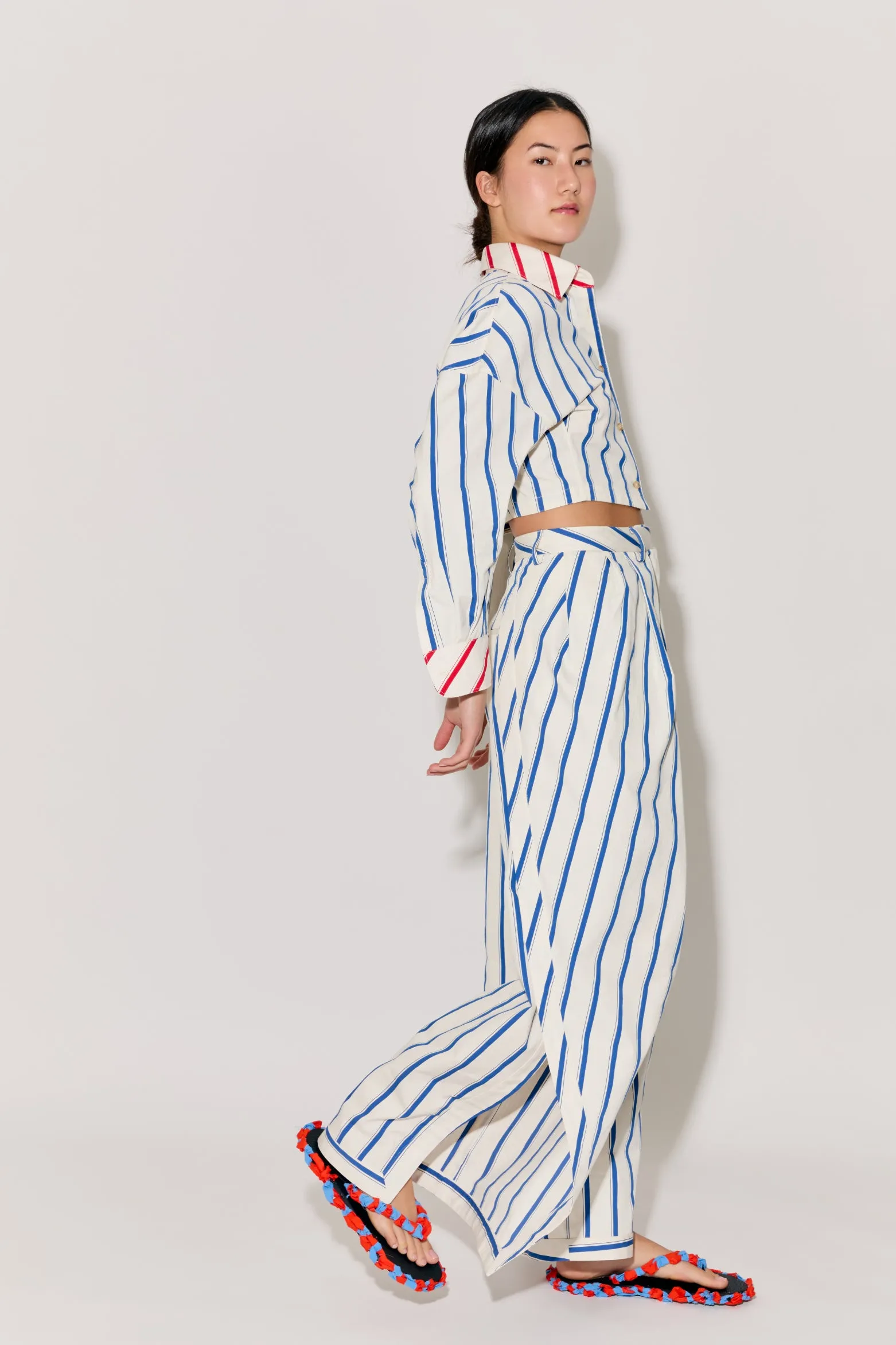 Pleated Asymmetrical Pant in Coastal Stripe Cotton sold by Rosie Assoulin