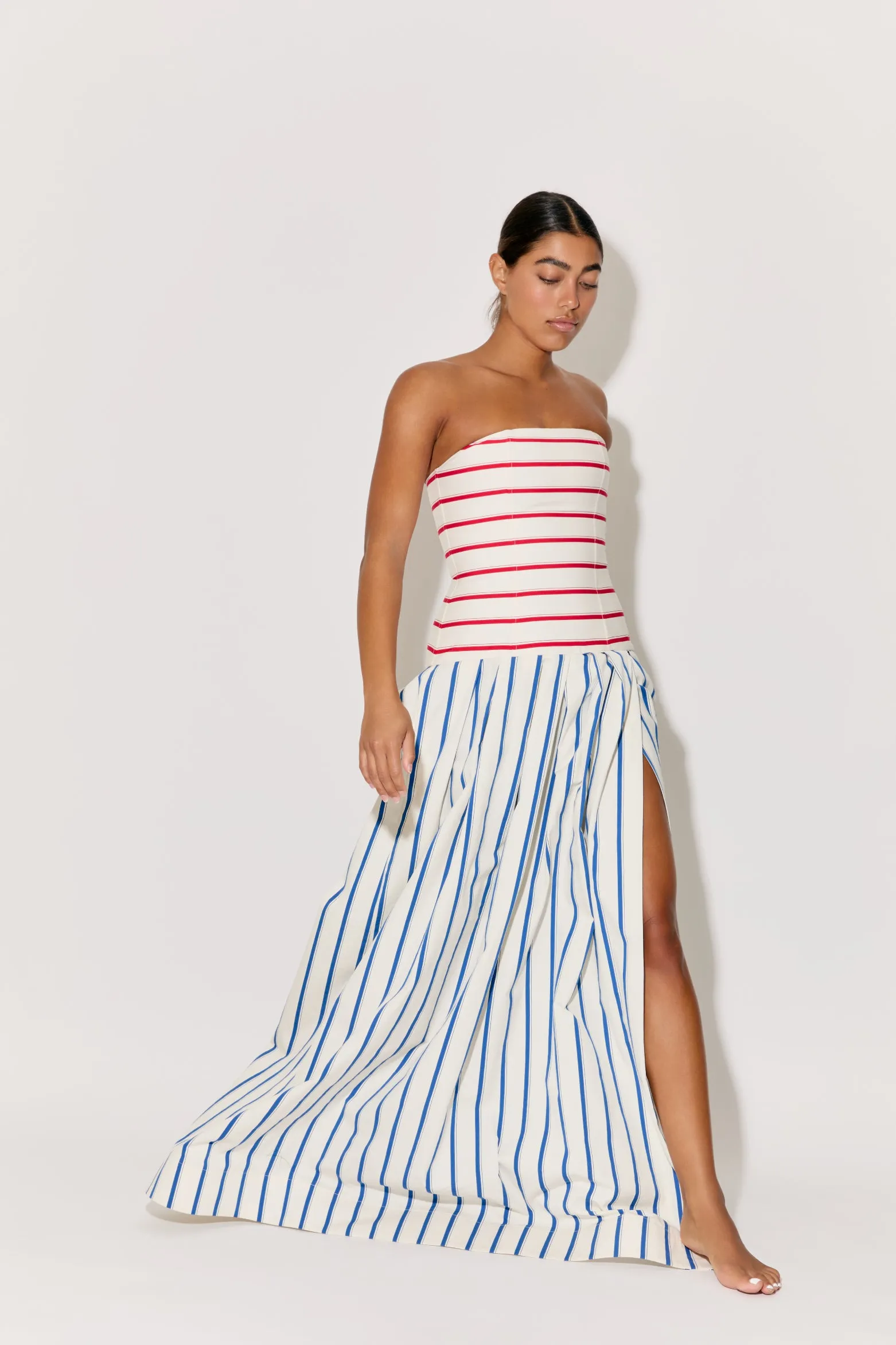 Strapless Drop Waist Gown in Coastal Stripe Cotton sold by Rosie Assoulin