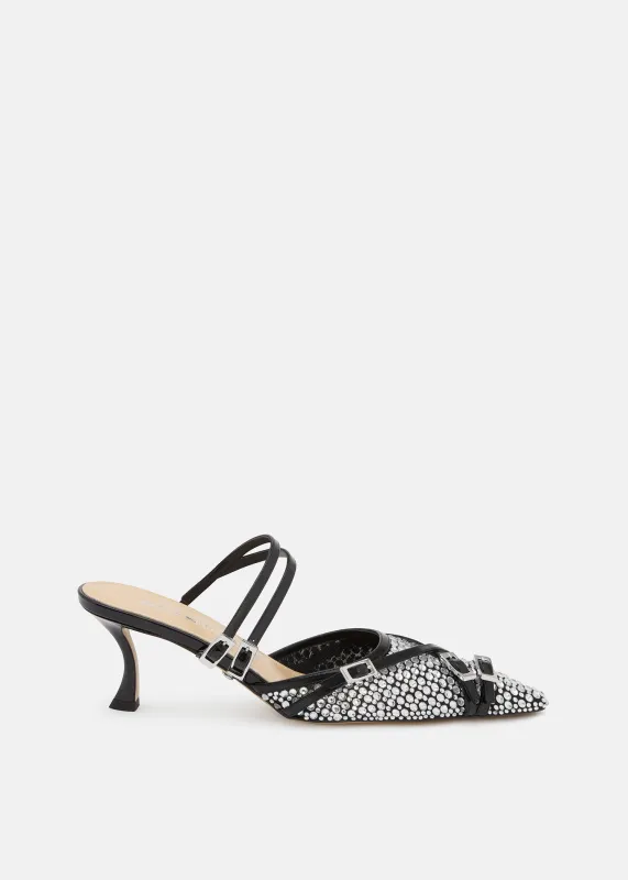Crystal Net Black Mules With Straps sold by MACH & MACH