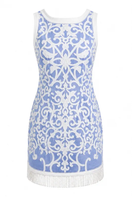 Janie Coastal Blue Scroll Embroidery Mini Dress made by Anna Cate