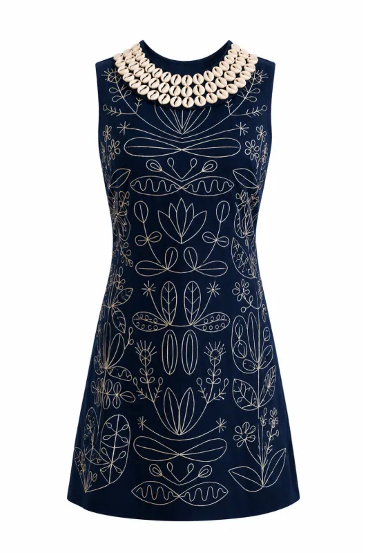Luna Navy Embroidery Shell Mini Dress made by Anna Cate