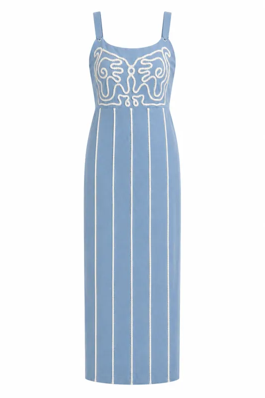 Blare Light Blue Embroidery Midi Dress made by Anna Cate