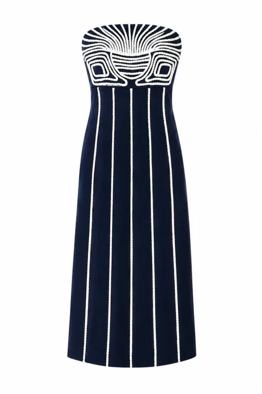 Lylie Navy Blue Embroidery Strapless Midi Dress made by Anna Cate