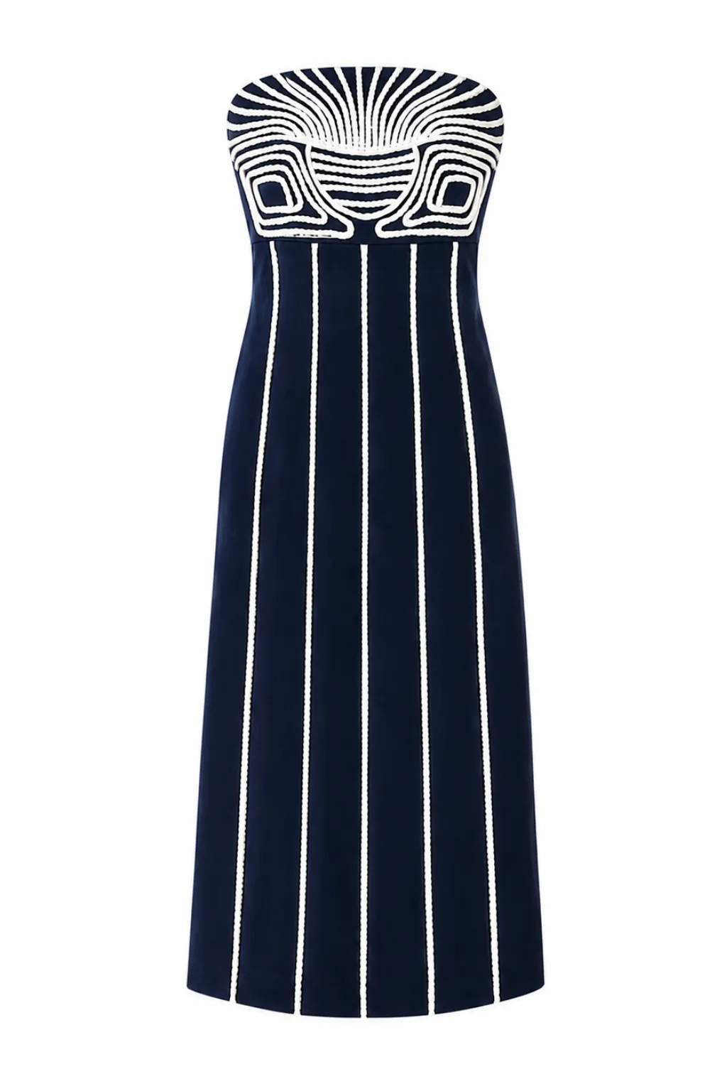 Lylie Navy Blue Embroidery Strapless Midi Dress sold by Anna Cate