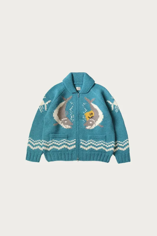 Hand Knit PECKISH TROUT ZIP Cardigan - Turquoise made by Kapital