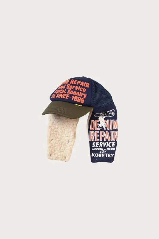 DENIM REPAIR SERVICE LUMBER Trucker Cap - Navy/Khaki made by Kapital