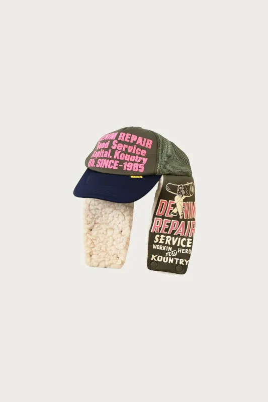 DENIM REPAIR SERVICE LUMBER Trucker Cap - Khaki/Navy made by Kapital