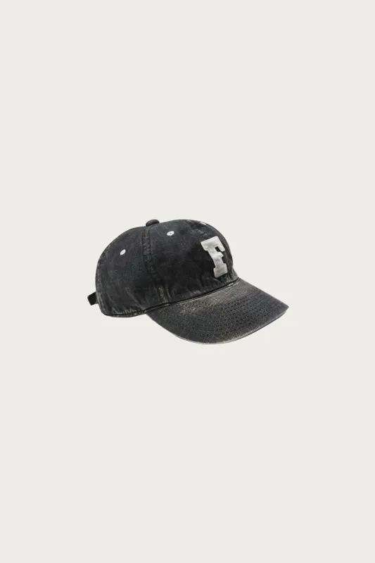 6 Panel Denim Baseball Cap "F" Patch - Black Vintage Wash sold by Canoe Club