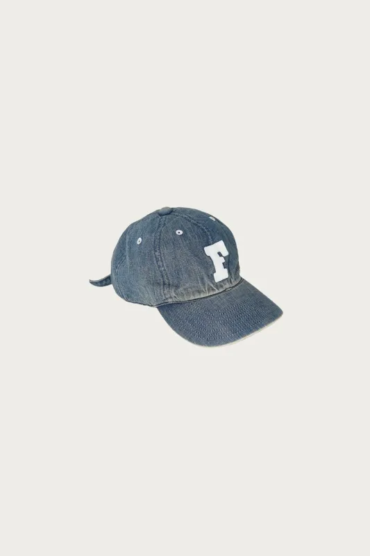 6 Panel Denim Baseball Cap "F" Patch - Indigo Blue Vintage Wash sold by Canoe Club