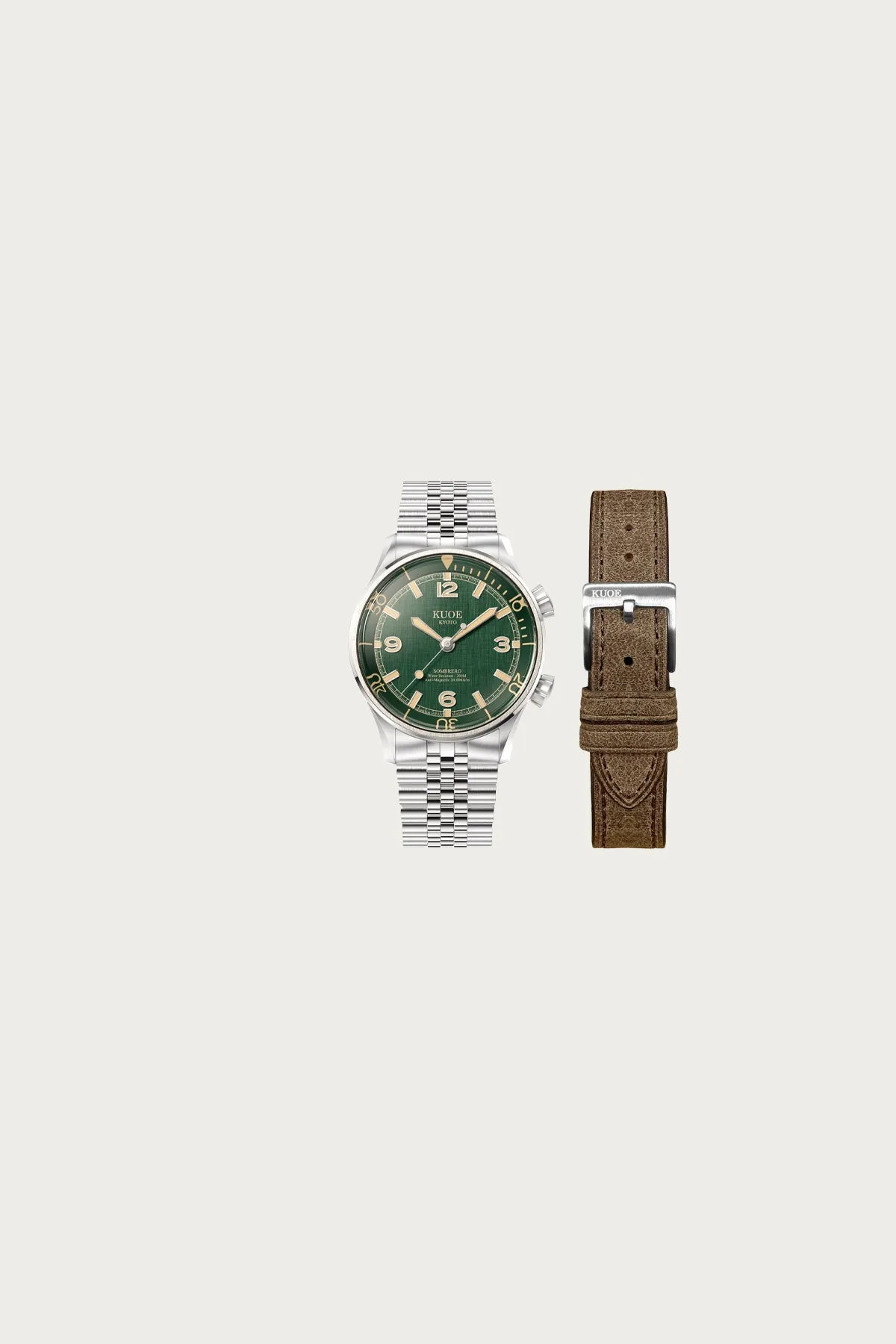 Sombrero 90-011 - Green Linen Textured Dial/Stainless Bracelet + Extra Leather Strap sold by Canoe Club