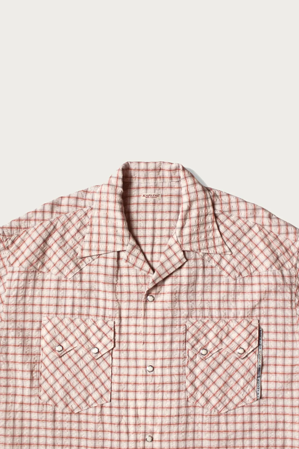 Cotton Linen Seersucker Check Open-Collar Western BIG Shirt - Red sold by Canoe Club product image thumbnail 3