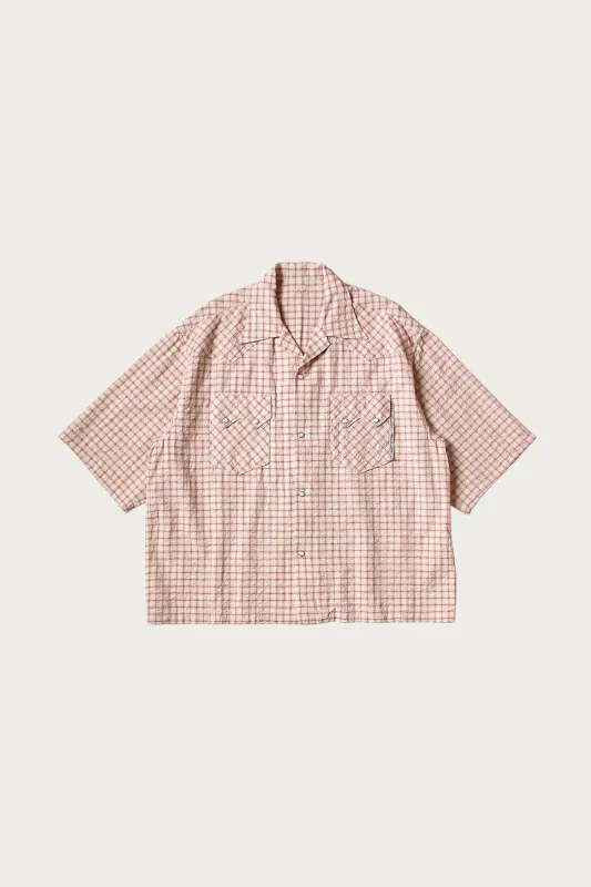 Cotton Linen Seersucker Check Open-Collar Western BIG Shirt - Red sold by Canoe Club