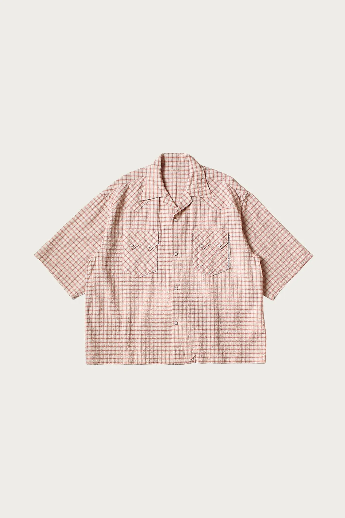 Cotton Linen Seersucker Check Open-Collar Western BIG Shirt - Red sold by Canoe Club