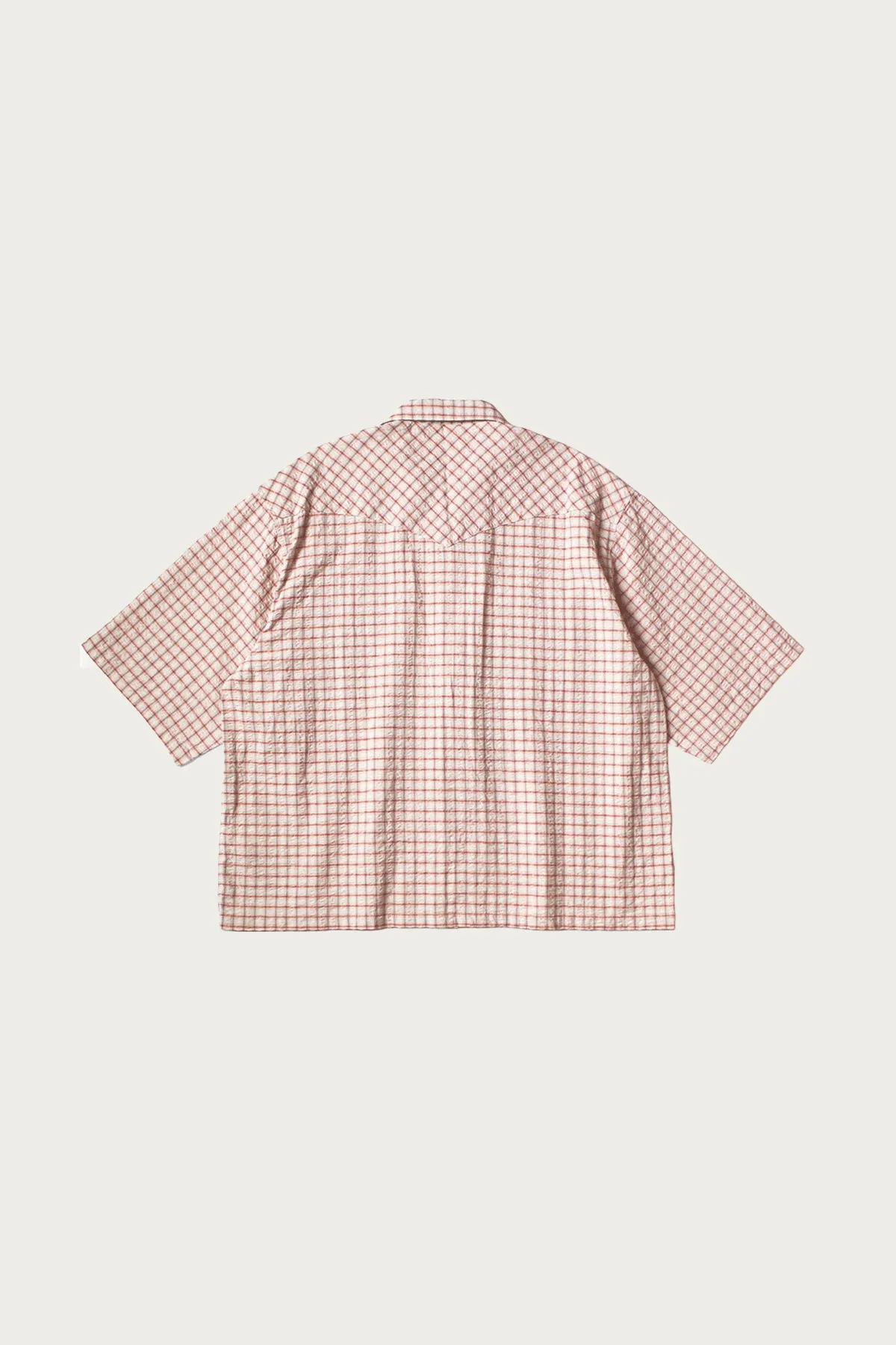 Cotton Linen Seersucker Check Open-Collar Western BIG Shirt - Red sold by Canoe Club product image thumbnail 2