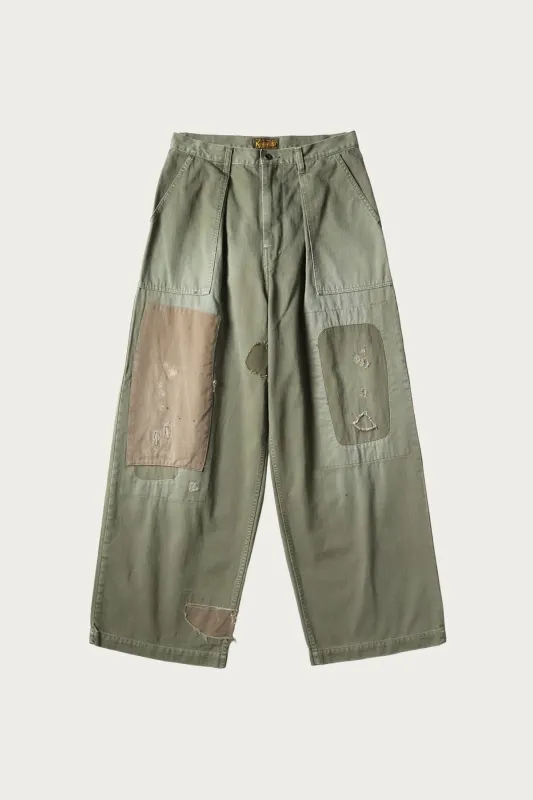 Herringbone FATIGUE Baggy Pants (RUSHFILED Remake) - Khaki sold by Canoe Club
